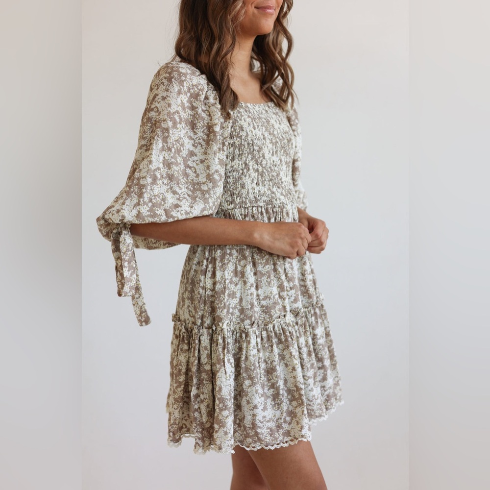 Smocked Square-Neck Floral Dress in Beige